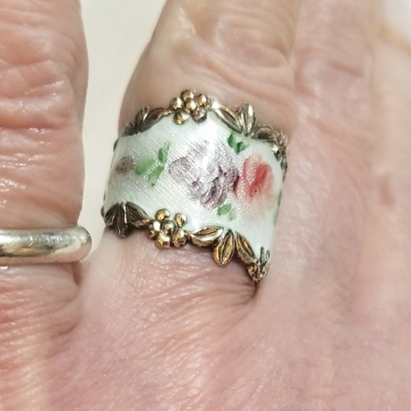 ANTIQUE Sterling Enameled Flower Ring Band - Picture 3 of 6